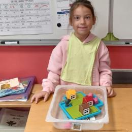 défit des cochons et du loup : savoir placer les maisons pour cacher (ou pas) les cochons en fonctions des défits proposés; travail d elogique spatiale